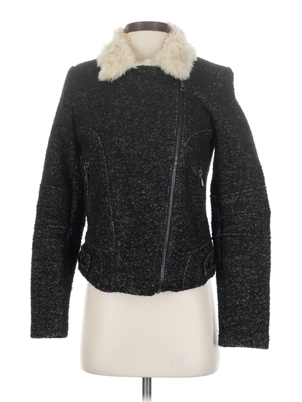 Womens Black Wool Blend Jacket with Cream Faux-Fur Collar